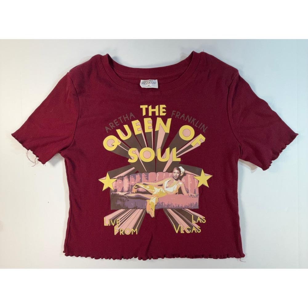 Aretha Franklin Queen of Soul Graphic Ribbed Lettuce Edge Crop Tee Maroon Medium